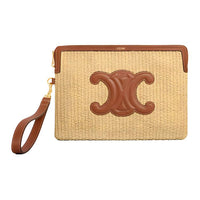 CELINE Plant Material Effect Fabric Cow Leather Patchwork Clutch Small Size Women's Natural Color & Tan