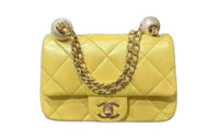 CHANEL Pearlescent Lambskin Shoulder Bag Crossbody Bag Wallets Small Size Women's Yellow