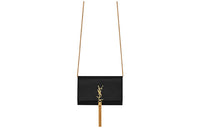 SAINT LAURENT KATE Grain Pattern Embossed Cow Leather Chain Wallet Women's Black