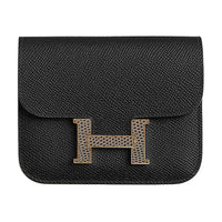 HERMES Epsom Calfskin Pinyero River Lizard Skin Wallet Women's Black Agate Gray