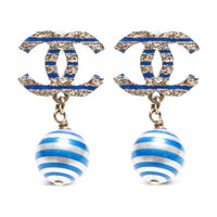 CHANEL 2019 Striped Faux Pearl Cc Drop Earrings Costume Earrings