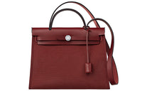 HERMES Herbag Zip Cowhide Patchwork Canvas Shoulder Bag Crossbody Bag Handbags Women's Waxed Red