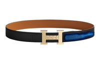 HERMES 5382 Gourmette Double-Sided Gold Buckle Epsom Calfskin Belt Unisex Black/Multicolor Width: 3.2cm