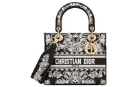 DIOR Lady D-Lite Embroidery Dior Bag Shoulder Bag Crossbody Bag Handbag Medium Size Women's White/Black