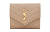 SAINT LAURENT CASSANDRE Calfskin Card Holder Wallet Women's Dark Beige