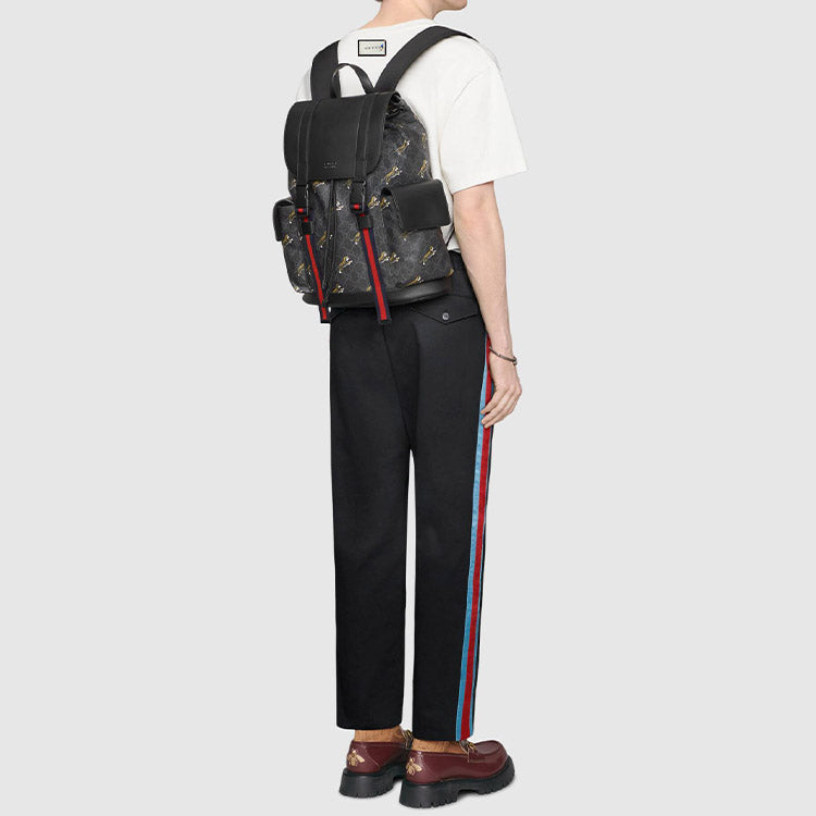 Gucci Tiger Printing Logo Stripe Webbing Canvas Large Capacity schoolbag Backpack Black 495563-G02CX-8675