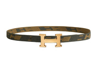 HERMES Comfortable Gold Buckle Nylon Mesh Double-Sided Belt Men's Gray Green/Dark Green Brown Width 32mm