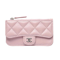 CHANEL Fish Paste Leather Card Holder Mini Women's Gray Pink Color Blocking Silver