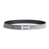 HERMES Calfskin Stainless Steel Rubber Leather Belts Men's Silver/Blue Width: 3.2CM