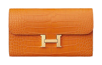 HERMES Constance Long Wallet Crocodile Leather Wallet Women's I9 Abricot Apricot
