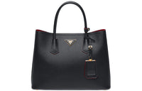 PRADA Double Leather Handbag Medium Size Women's Black