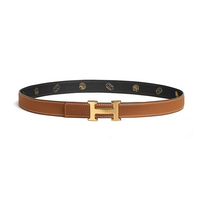 HERMES Calfskin Gold-Plated Leather Belts Women's Brown/Black Width 2.4CM