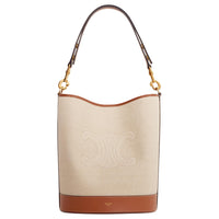 CELINE Fabric With Calfskin Hand Bucket Bag, Shoulder Bag Women's Natural & Tan