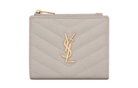 SAINT LAURENT Monogram Grained Embossed Leather Card Clip Card Holder Women's White