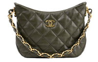 CHANEL Sheepskin Hobo Shoulder Bag Suede Handbag Small Size Women's Green