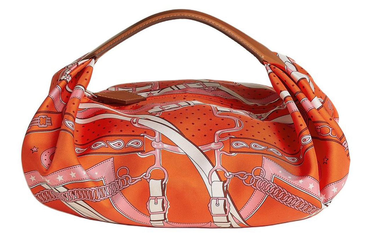 HERMES Balusoie Silk With Hunter Cow Leather Lunch Bag Handbag Women's Orange & Light Yellow
