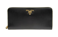 PRADA Pleated Leather Wallet Large Size Women's Black
