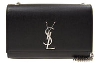 SAINT LAURENT Kate Medium Chain Bag In Grain De Poudre Silver tone Black