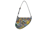DIOR Raffia Embroidered Denim Saddle Bag Handheld Handbag Women's Blue Multicolor