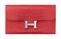 HERMES Constance Crocodile Leather KangKang Wallet Women's A5 Bougainvillea Dujuan Red