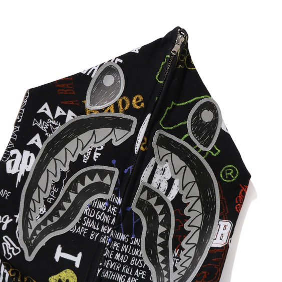 A Bathing Ape Hand Draw Pattern Shark Zip Hoodie 'Black' 001ZPK301303MBLK