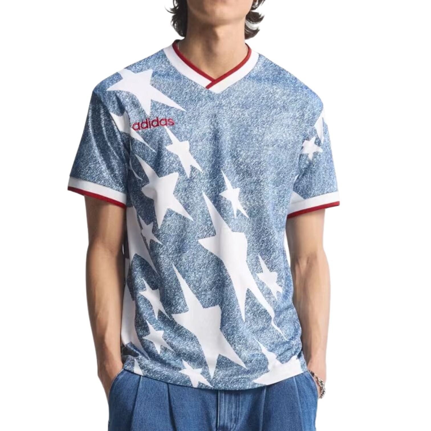 adidas Denim Graphic Jersey 'White Dark Blue' KB2726