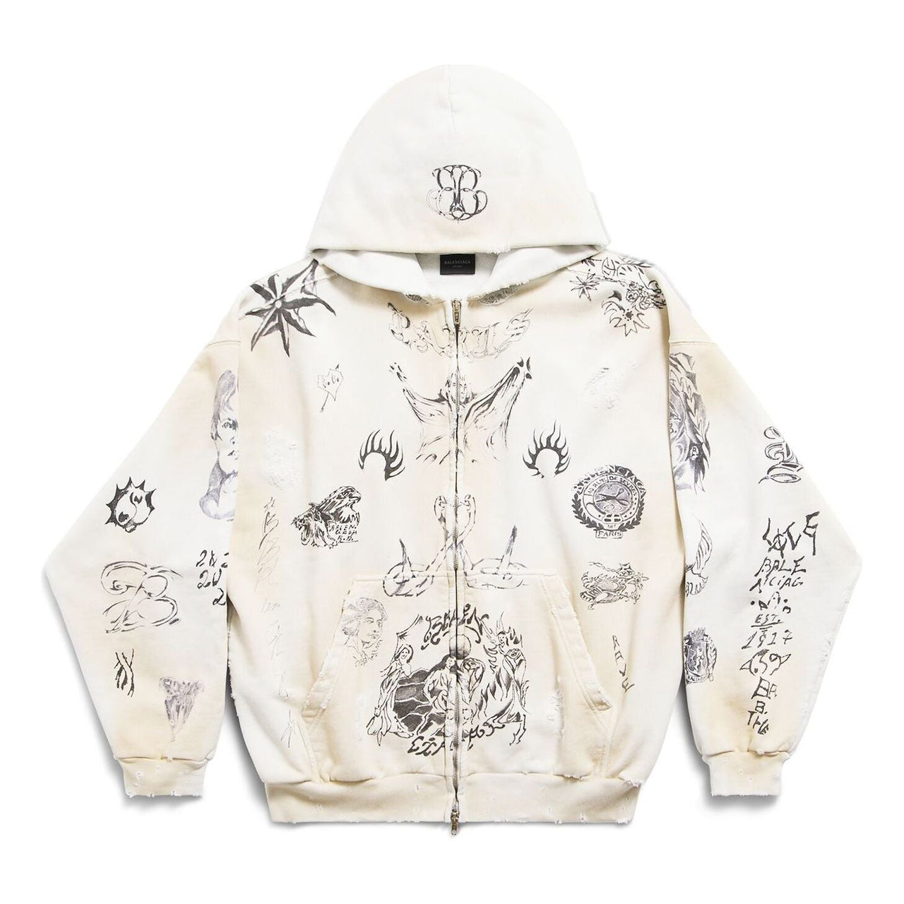 Balenciaga Tat Zip-up Hoodie Medium Fit Jacket 'Off White Black' 770939TQVK13307