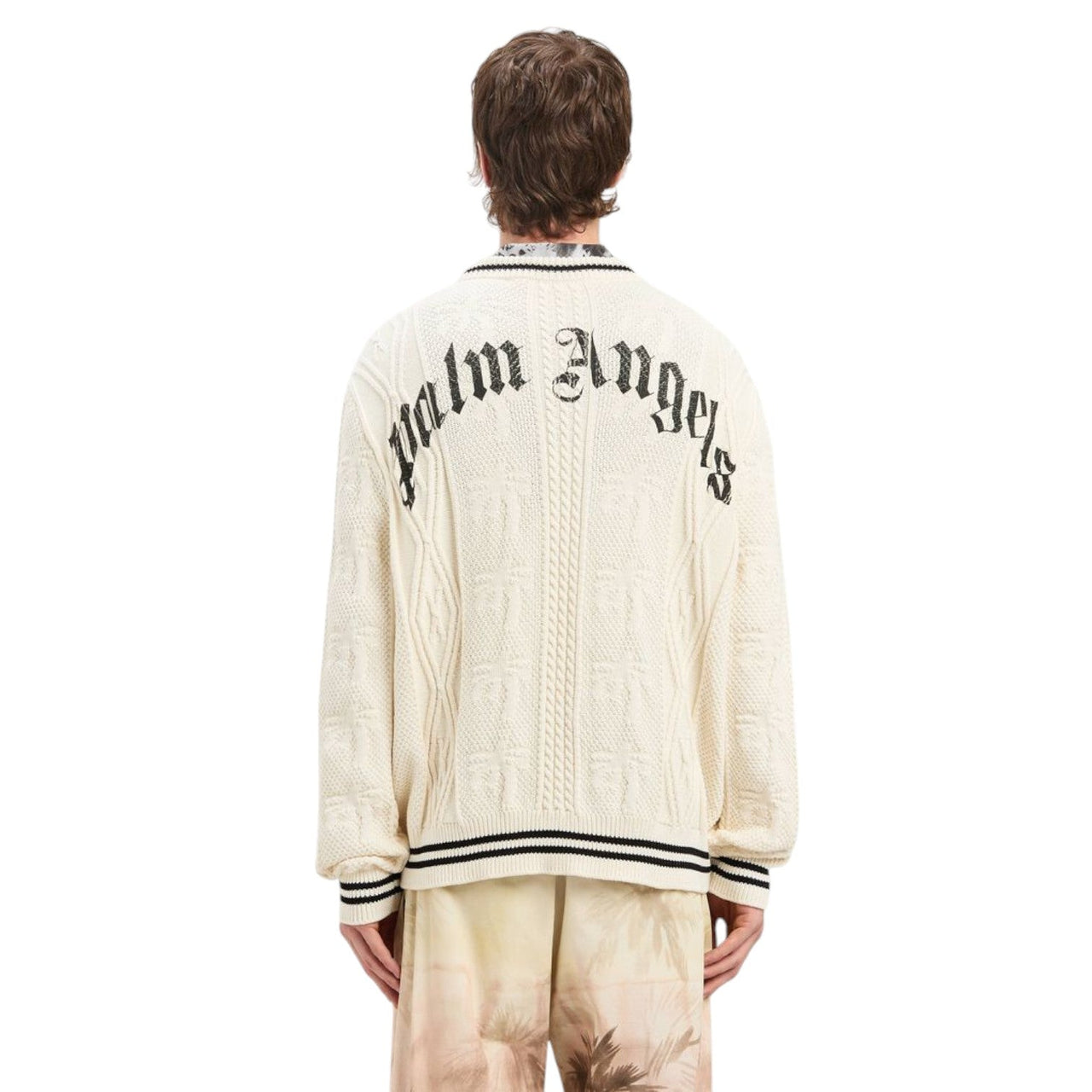 Palm Angels Curved Logo Cable Sweater 'Off White Black' PMHE058S25KNI0020310