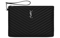 SAINT LAURENT Quilted Genuine Leather Tablet Clutch Women's Black