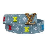 LOUIS VUITTON New Wave Letter Detail Leather Belts Women's Blue Width 3.4CM