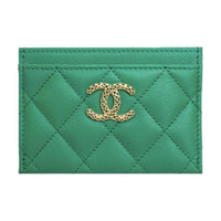 CHANEL Embossed Shiny Calfskin Card Holder Small Size Women's Green