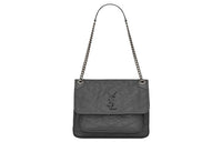 SAINT LAURENT Niki Leather Hobo Bag, Crossbody Bag, Shoulder Bag Medium Size Women's Gray White