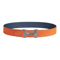 HERMES Sterling Silver Leather Belts Men's Orange/Dark Blue Width 3.8CM