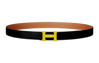 HERMES Logo Yellow Buckle Togo Calfskin Double-Sided Leather Belt Women's Black Width: 2.4cm