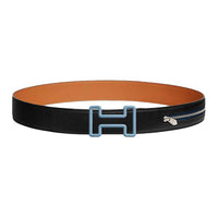 HERMES Calfskin Leather Belts Men's Black Orange Width 3.8CM