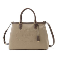 PRADA Canvas With Calfskin One Shoulder Canvas Bag Portable Tote Women's Beige Brown