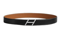 HERMES Emblem Pattern Label Smooth Buckle Leather Belts Men's Black Width: 3.2CM