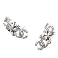 CHANEL Metal Brass Crystal Silver Stud Earrings Unisex Silver