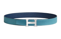 HERMES Double-Sided Solid Color Smooth Buckle Leather Belts Men's Blue Width: 3.2CM