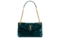 SAINT LAURENT PUFFER Fabric Cow Leather Patchwork Portable Crossbody Bag Shoulder Bag Women's Bright Emerald