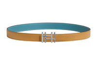 HERMES Double H Buckle Smooth Buckle Calfskin Leather Belts Women's Brown 2.4cm
