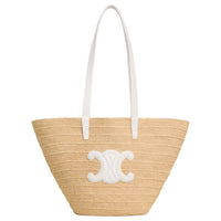 CELINE Classic Panier Series Raffia Shoulder Bag Medium Size Women's Beige & White