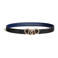 HERMES Calfskin Rose Gold-Plated Leather Belts Women's Blue/Black Width 2.4CM