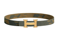 HERMES H Gold Buckle Double-Sided Nylon Mesh Belt Men's Gray Green/Dark Green Brown Width: 3.2cm