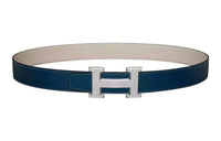 HERMES Letter Etched Silver Buckle Togo Calfskin Double-Sided Leather Belt Women's Blue Width: 3.2cm