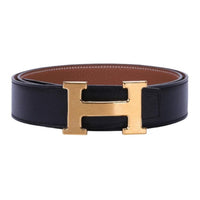 HERMES H-Label Double-Sided Design Plate Buckle Leather Belts Men's Black 3.2CM