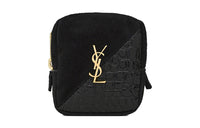 SAINT LAURENT Jamie Suede With Bright Crocodile Embossed Leather Charm Coin Purse Women's Black