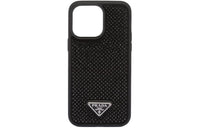 PRADA Leather Phone Case In Satin Black With Rhinestones Compatible With IPhone 14 Pro