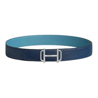 HERMES Metal Calfskin Palladium-Plated Leather Belts Men's Blue Width: 3.8CM