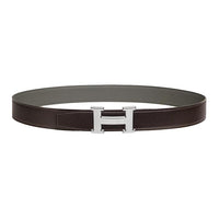 HERMES Palladium-Plated Metal Calfskin Leather Belts Women's Umber/Gray Width: 3.2CM